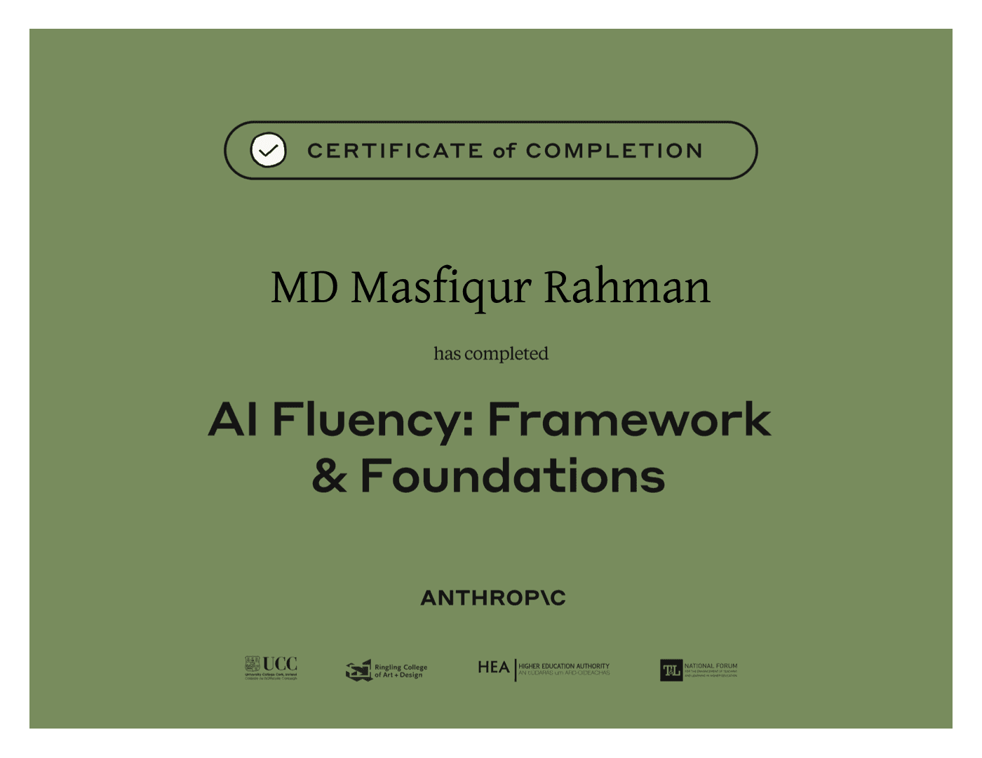 Masfiqur Rahman — AI Fluency: Framework & Foundations certificate from Anthropic