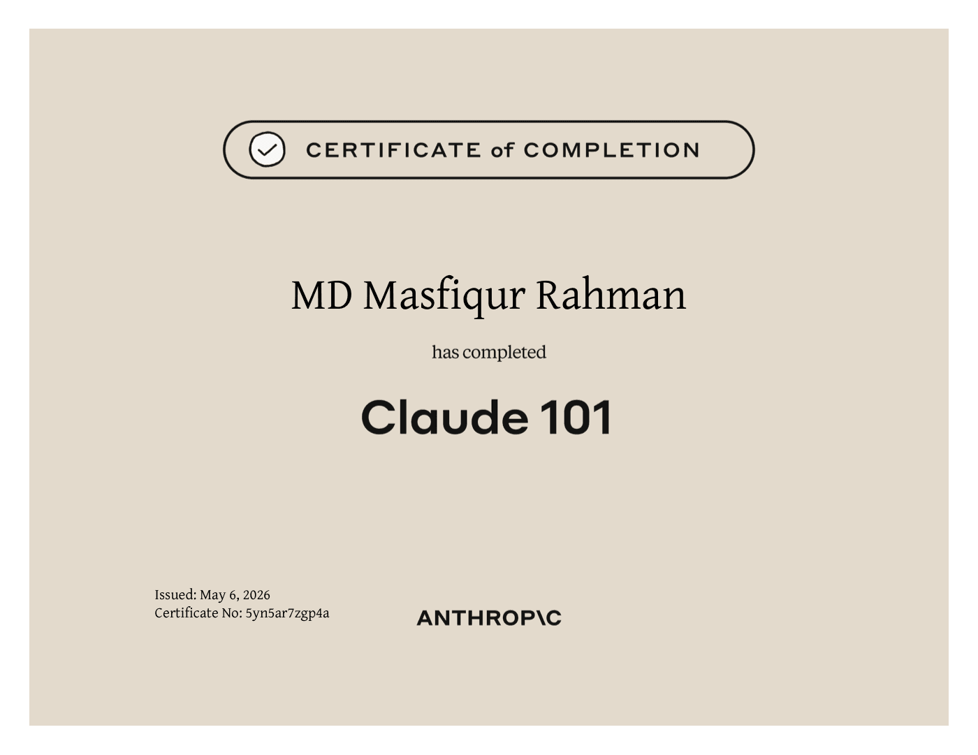 Masfiqur Rahman — Claude 101 certificate from Anthropic