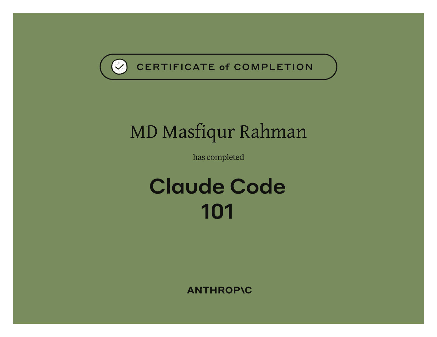 Masfiqur Rahman — Claude Code 101 certificate from Anthropic
